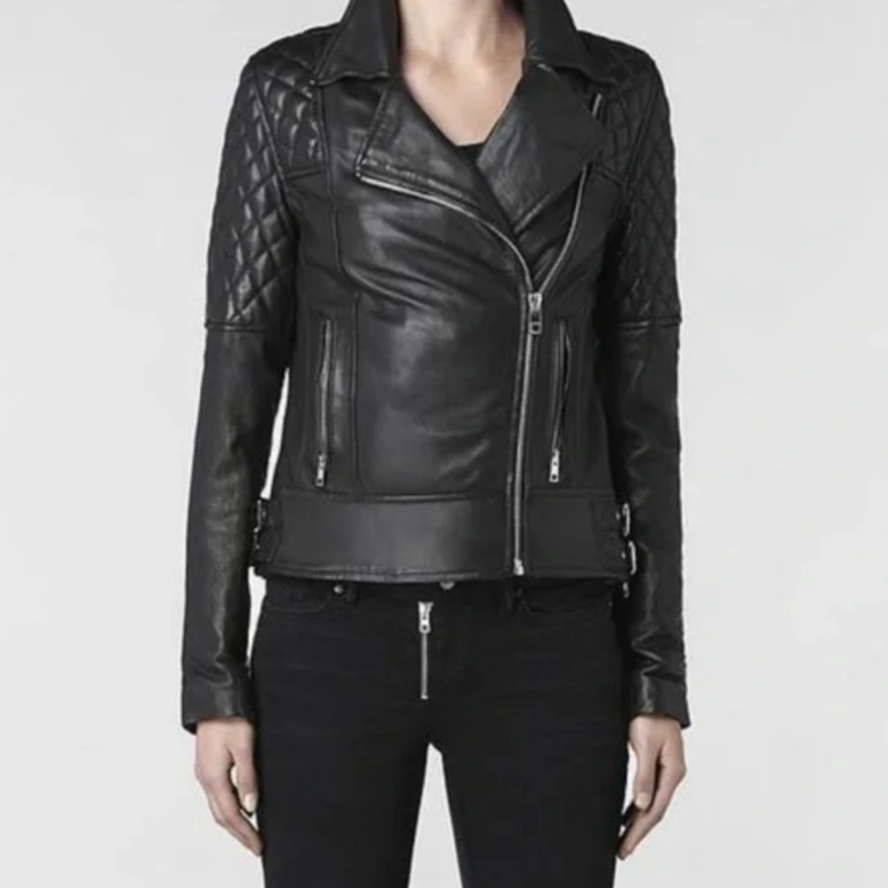All Saints Leather Jacket Size 6 Black Walker Leather Coat Quilted Zip Pockets
